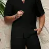[Plus Size] Men's Casual Solid Color Textured Fabric Loungewear Set, Comfy Short Sleeve Button Up Shirt & Shorts, Men's Sleepwear for Summer, Menswear Outfit, Loungewear loose