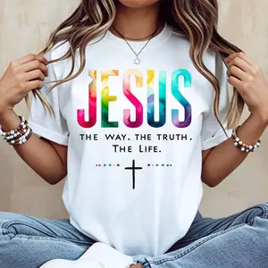 Jesus The Way The Truth The Life Cross Print T Shirt White Casual Loose Fit For Everyday Wear And Outdoor Activities