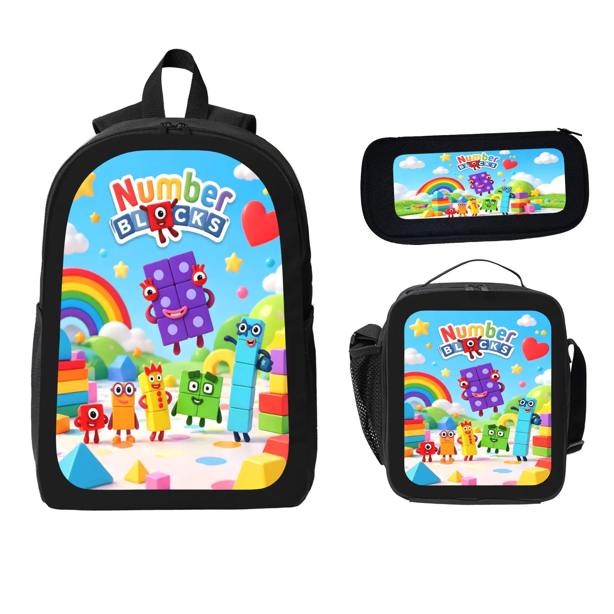 Unisex Numberblocks 3PCS Set - Built-in Organizer Cartoon Preppy Backpack, Zip Lunch Bag, Organizer Pencil Case, Lightweight Large Capacity Polyester Casual Travel Daypack Gift for Toddler Kids, Built-In Organizer Backpacks