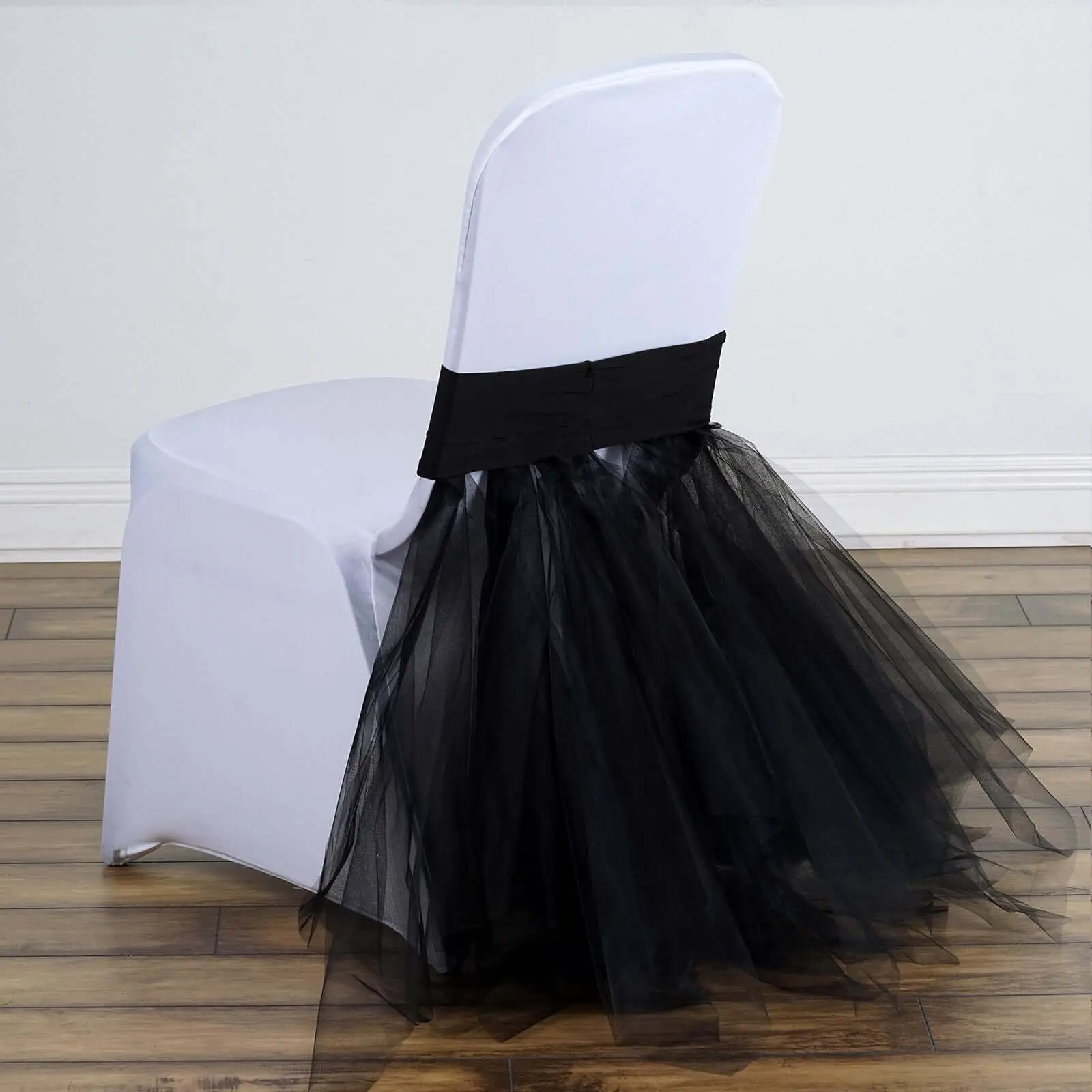 Black Spandex Chair Tutu Cover Skirt - Stretch Fitted Chair Seat Slipcover, Decorative Spandex Option for Wedding & Event Use, Chair Seat Slipcovers