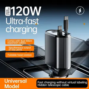 4-in-1 USB PD Car Charger 120W Fast Charging, Emergency Window Breaker with 2 Retractable Charging Cables, Car Charger & Safety Tool