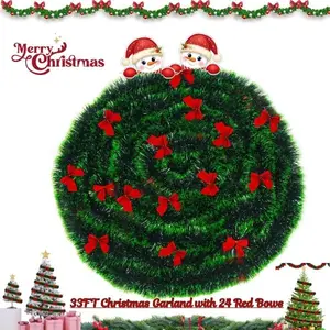 33FT Christmas Garland with 24 Red Bows – Artificial Pine Greenery Garland for Mantel, Staircase, Fireplace, Holiday Home & Party Decoration, Perfect Christmas Gift