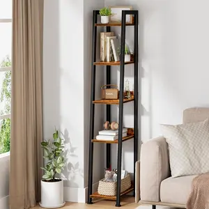 Narrow Ladder Shelf for Small Spaces - 5 Tier Thin Bookshelf Skinny Book Shelves Slim Bookshelves