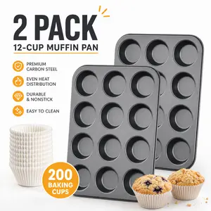 2 Non-Stick Carbon Steel 12-Cavity Mini Cake Pans + 200 Disposable Baking Cups – Heavy Duty Round Brownie Molds & Heat Resistant Oil Proof Paper Liners – Perfect for Cupcakes, Muffins, Tartlets