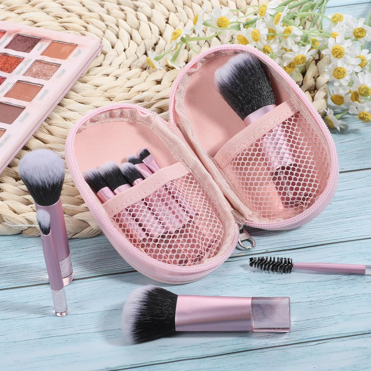 10 Pcs Mini Travel Makeup Brush Set with Pouch, Foundation, Eyeshadow, Blush, Highlighter, Angled Brow & Mascara Brushes - Soft Synthetic Fiber Brushes for On-The-Go & Daily Makeup