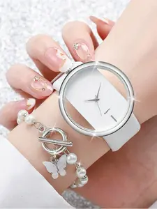 1pc Minimalist Round Pointer Quartz Watch & 1pc Butterfly Charm Bracelet As A Gift For Students Returning To School