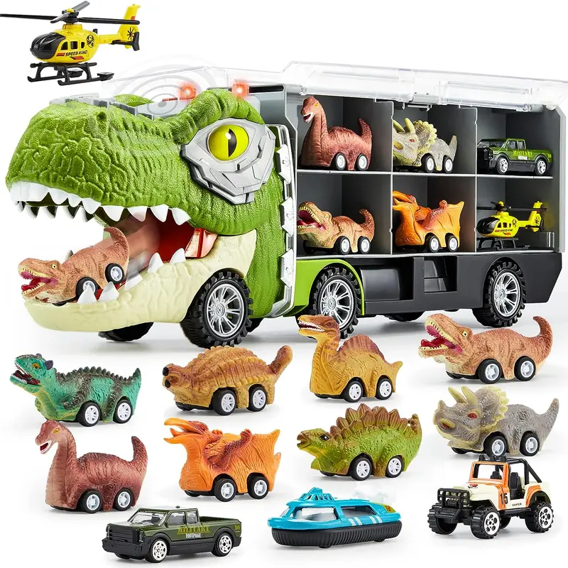 Dinosaur Transport Carrier Truck Set with 12 Pull Back Cars 13 in 1, Small Cars Set, Birthday Gifts Toys for 3 4 5+ Year Old Boy, Transport Carrier Truck / Die-Cast Metal Toy Cars for Toddlers 3-4 Years