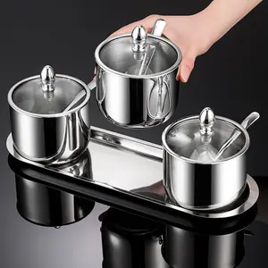 Stainless Steel Seasoning Jar with Lid and Spoon, Spice Storage Canister Set with Serving Tray, Salt Pepper Sugar Tea Coffee Container
