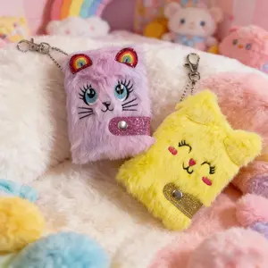 Kawaii Plush Cat Mini Notebook, Cute Fluffy Cat Shaped Pocket Journal with Keychain, Soft Fuzzy Small Notebook for Kids, Girls, School Supplies, Birthday Gift, Party Favor