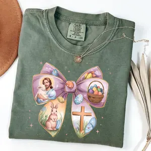 Comfort Colors Easter Bow TShirt, Coquette T-Shirt, Religious Women's Tee, Jesus Bow TShirt, Retro Easter T-Shirt, Easter T-shirt, Easter Bunny