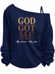 Women's Spring & Autumn Daily GOD GOT ME Inspirational Slogan One Shoulder Long Sleeve T-Shirt Home Outdoor Urban Regular Trend Casual Elegant Youth Simple Versatile Texture Temperament Natural Literary Art
