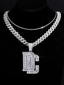 3pcs Fashion Punk Sparkling Letter Dc Pendant Necklace Set, Cuban Chain Stacking Necklaces for Men Women, Ideal Gifts