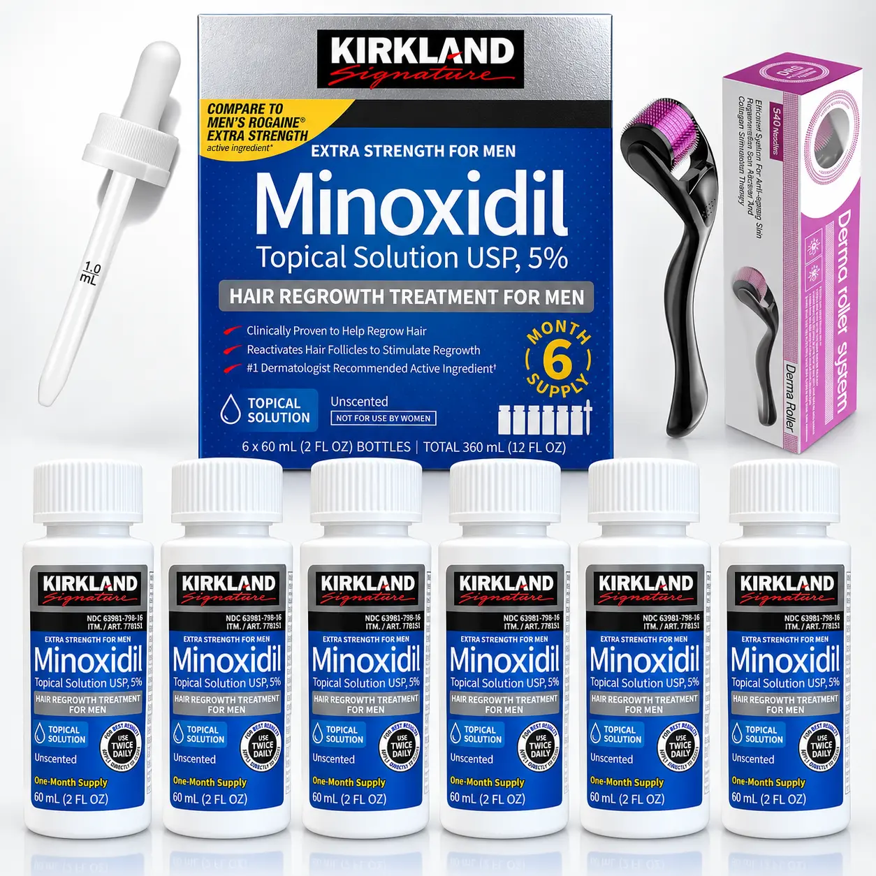 Kirkland Minoxidil 5% Extra-Strength Haircare Liquid Solution for Easy Scalp Use, Non-Toxic Hair Loss Product with Thickening Regrowth Formula, Clinically Proven to Restore Men’s Thinning Hair