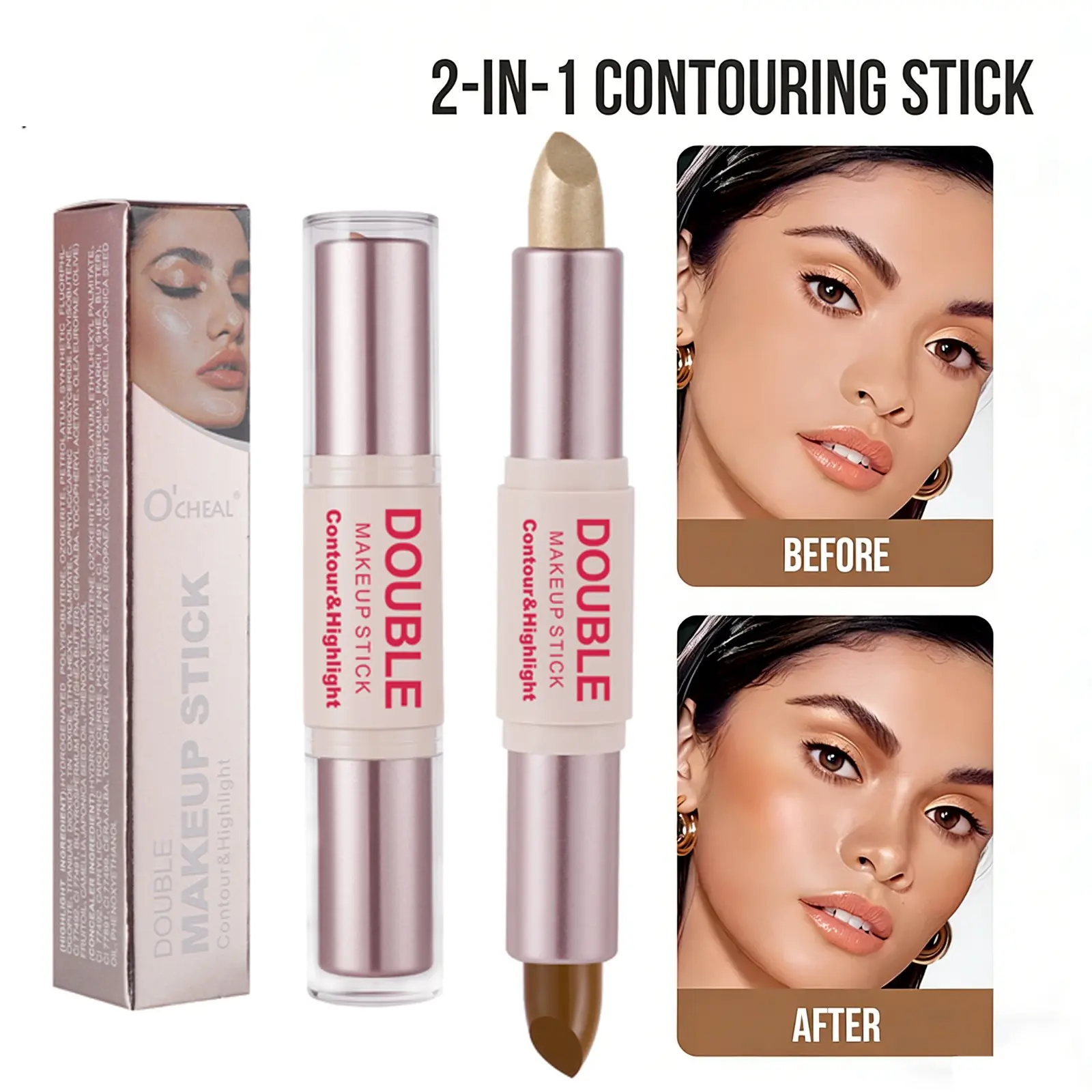 Double-Ended Contour & Highlight Stick | 2-in-1 Rotatable Design, 3D Facial Sculpting & Shaping, Long-Lasting, Portable Multi-Use Formula for Defined, Natural-Looking Makeup, Contouring Stick
