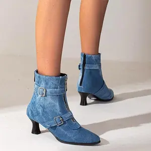 Women's Classic Chunky Heel Ankle Boot - Pointed Toe, Buckle Strap, Stretch Fabric, Casual Design-Focused Versatile Footwear for Professional Workplace, Party (Fall 2025)