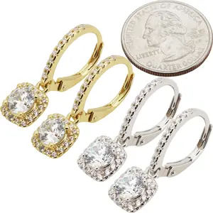 925 Sterling Silver 14k Gold Vermeil AAA Cubic Zirconia Cushion Halo Drop Pavé Hoop Earrings