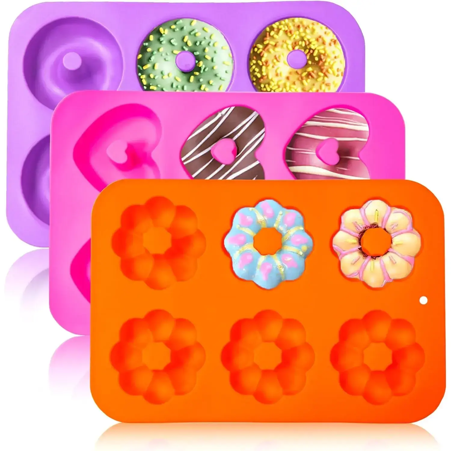 3pcs Food Grade Non-Stick Silicone Donut Baking Tin Set - 6-Cavity Bundtlette Cake Molds with Different Designs (Heart, Pumpkin, Round), Orange+Pink+Purple Kitchen Bakeware