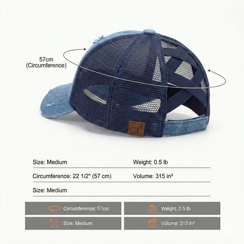 C.C Spring Ponytail Baseball Cap for Women – Distressed Denim, Adjustable Criss-Cross Back, Sun Protection, Perfect for Valentine’s Day gifts
