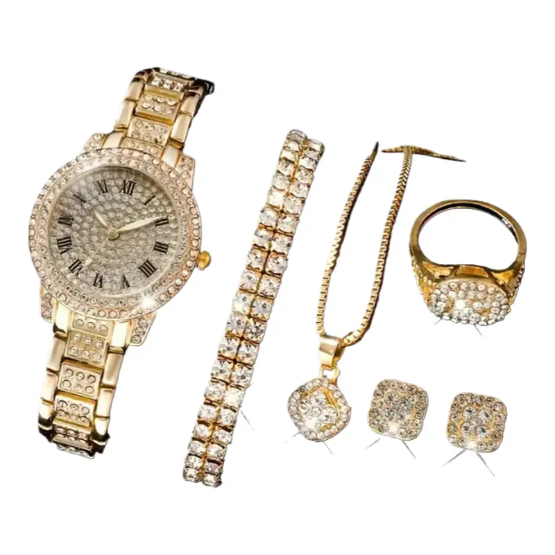 Women's Full Diamond Treasure Bowl Bracelet & Roman Numeral Quartz Watch Combo Jewelry Set, Shimmering Stylish Costume Fashion Accessory, Combo Jewelry Sets, Shimmering Jewelry Sets