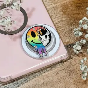 Trippy Melting Smiley Skull Phone Grip Clear Acrylic Griptok - Aesthetic Rainbow Grunge Cell Phone Stand Holder, Cute Spooky Floral Skeleton Kindle Ereader Ring Accessory, Trendy Gift for Booktok and Alt Fashion