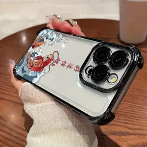 Creative And High-End Design of a Koi Fish Leaping Out of The Water. This phone case is compatible with iPhone 16, 16E, 15, 14, 13, 12, 11 Pro Max, X, XR, XS Max, 8, 7, E Plus. It Features a Black Border, Shockproof Transparent Back Cover, And Full Lens P