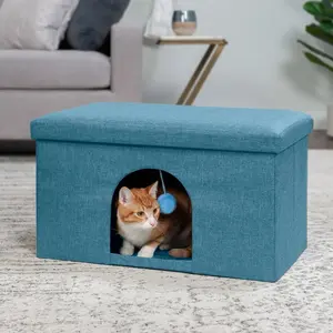 Pet House Footstool Ottoman - Simple Pop-Up Design for Small Dogs & Cats, Soft Blankie Included, Easy Assembly, Hand Wash Only