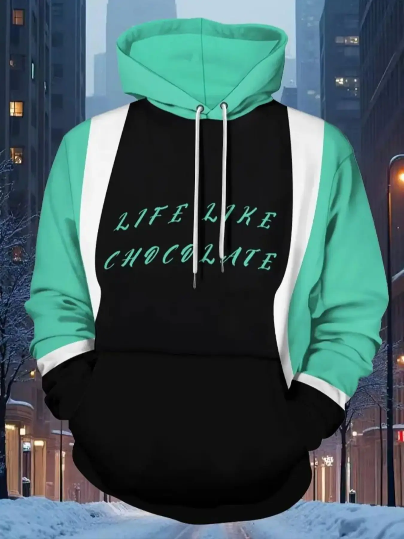 Unisex Turquoise & Blue Graphic Hoodie, Casual Fitted Streetwear, Lightweight Warm Fitness Pullover
