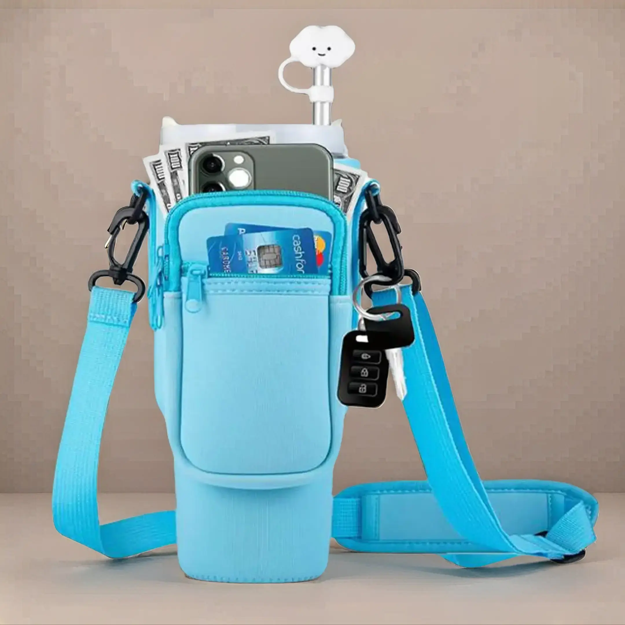 Water Bottle Carrier Bag with Phone Pocket for Stanley Cup 40 Oz, Water Bottle Holder Adjustable Strap Stanley Cup Accessories, Lightweight Drinkware