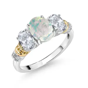 925 Sterling Silver and 10K Yellow Gold Oval White Opal White Topaz and White Diamond 3 Stone Ring For Women (2.23 Cttw, Gemstone October Birthstone)