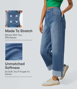 Halara Flex High Waisted Pockets Rolled Hem Wide Leg Washed Casual Jeans   #TikTokShopHolidayHaul