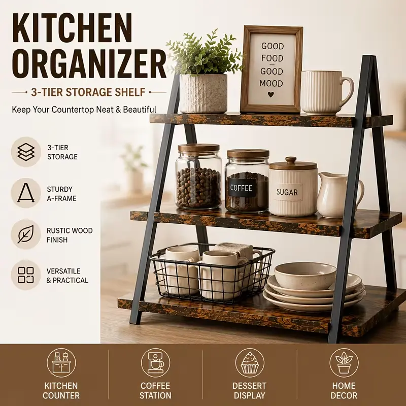 Rustic 3-Tier Storage Shelf, Versatile Kitchen Organizer and Coffee Bar Accessory Rack