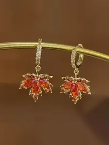 1 Pair Fashionable Artificial Gemstone & Maple Leaf Design Dangle Earrings, Artificial Zircon Earrings, Elegant Rhinestone Decor Jewelry for Women, Fashion Accessories for Parties, Daily Clothing Decor