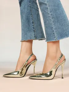 Women's Light Gold Stiletto Heels with Elegant Pointed Toe, Ankle Strap & Mirror Finish. Featuring a Comfortable & Fashionable Upper, Perfect for Banquets, Dates, Daily Commutes, and Special Occasions.