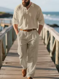 Men's Autumn Linen Two-Piece Set, Loose Fit Polo Long Sleeve Shirt & Pants, Casual for Men, Comfortable Daily Wear, Casual Outfit Set
