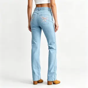 Women's Hand-Embroidered Jeans, Light Wash High Waist Straight Leg Jeans with Pink Bow Embroidery