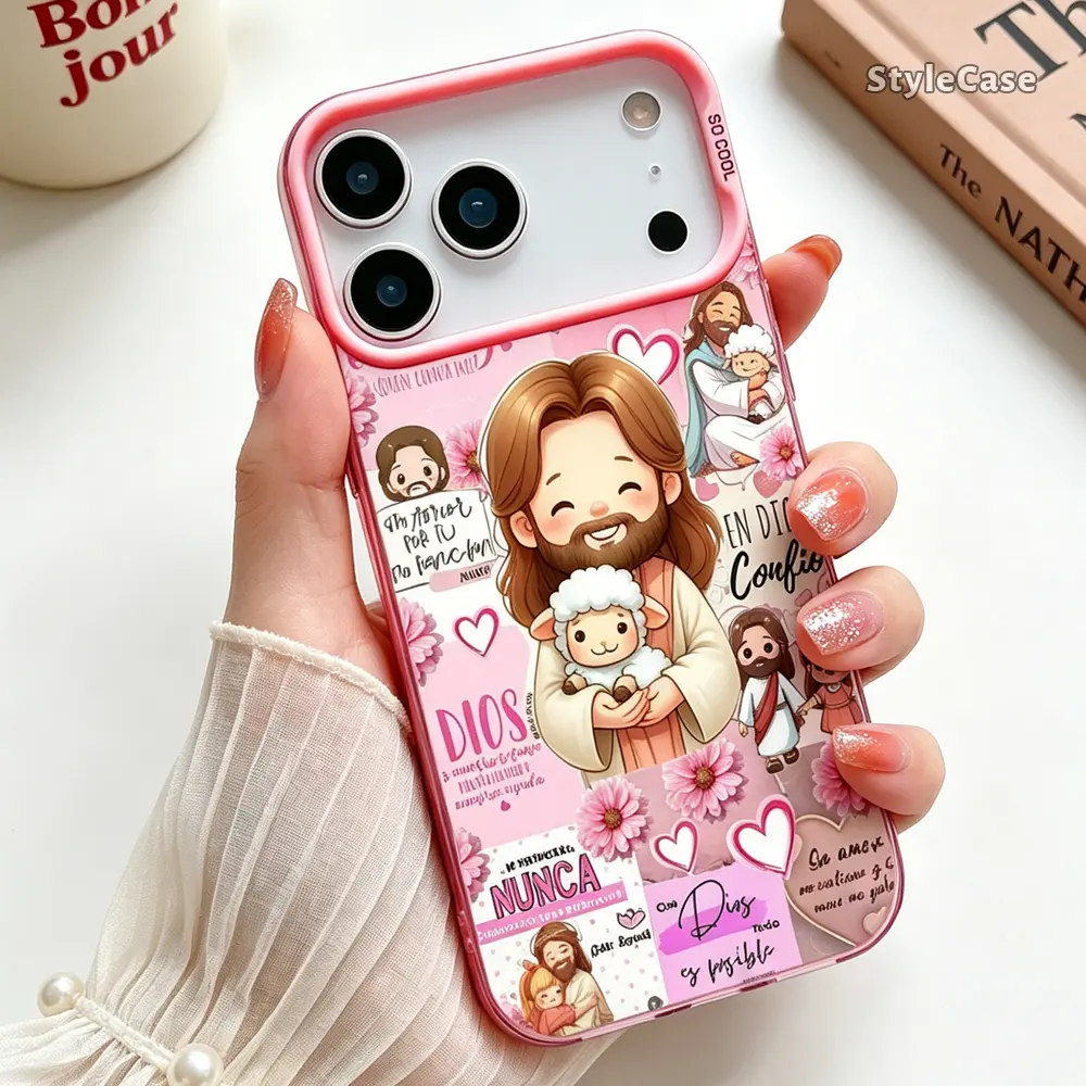 Cartoon Jesus Lamb Pink Faith phone case for iPhone 17 16 15 14 13 12 11 Pro Max Plus Air, Iridescent Silver Electroplated cover, Christian Floral Hearts Protective Anti-Scratch Camera Protection Gift Idea CYXL260627047, Button, Smartphone