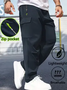 Men's Thin Work Pants with Drawstring Waist, Zipper Pockets, Large Patched Straight Leg, Comfortable Breathable Casual Spring & Fall