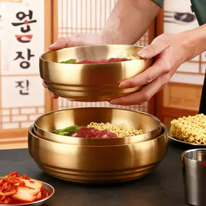 1pc Korean Style Stainless Steel Dual-Layer Bowl, Round Rice Bowl, Cold Noodle Bowl, Home Use Insulated Bowl, BBQ Restaurant Specialized Bowl, Thermal Serving Bowls