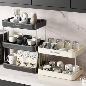 2/3 Tier Cup Drying Rack, Vintage Countertop Cup Storage Organizer with Drain Tray, Multilayer Kitchen Mug Holder, White/Black/Green Home Desktop Water Cup Stand