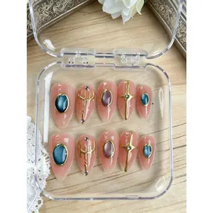 L063Picking via livestream Press On Nails - Handmade Almond False Nails with Gold Wire & Rhinestones, Nude & Purple Reusable Fake Nails for Women, Art Deco Nail Art for Daily & Party