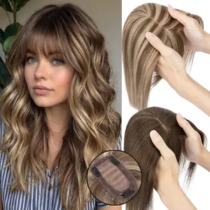 7x13cm Hair Toppers For Women 100% Real Human Hair Silk Base Natural Straight Hair Toppers With Bangs Highlights Clip In Hair Toppers For Thinning Hair - Medium Brown & Dark Blonde Hair Pieces