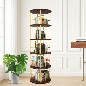 [Bellemave]5 Tier Rotating Bookshelf, 360 °   Display Round Spinning Bookshelf,  Wood & Metal Stackable Spinning Bookshelf Tower, Space Saving Floor Standing Swivel Bookcase for Bedroom, Living Room, Office, Gold