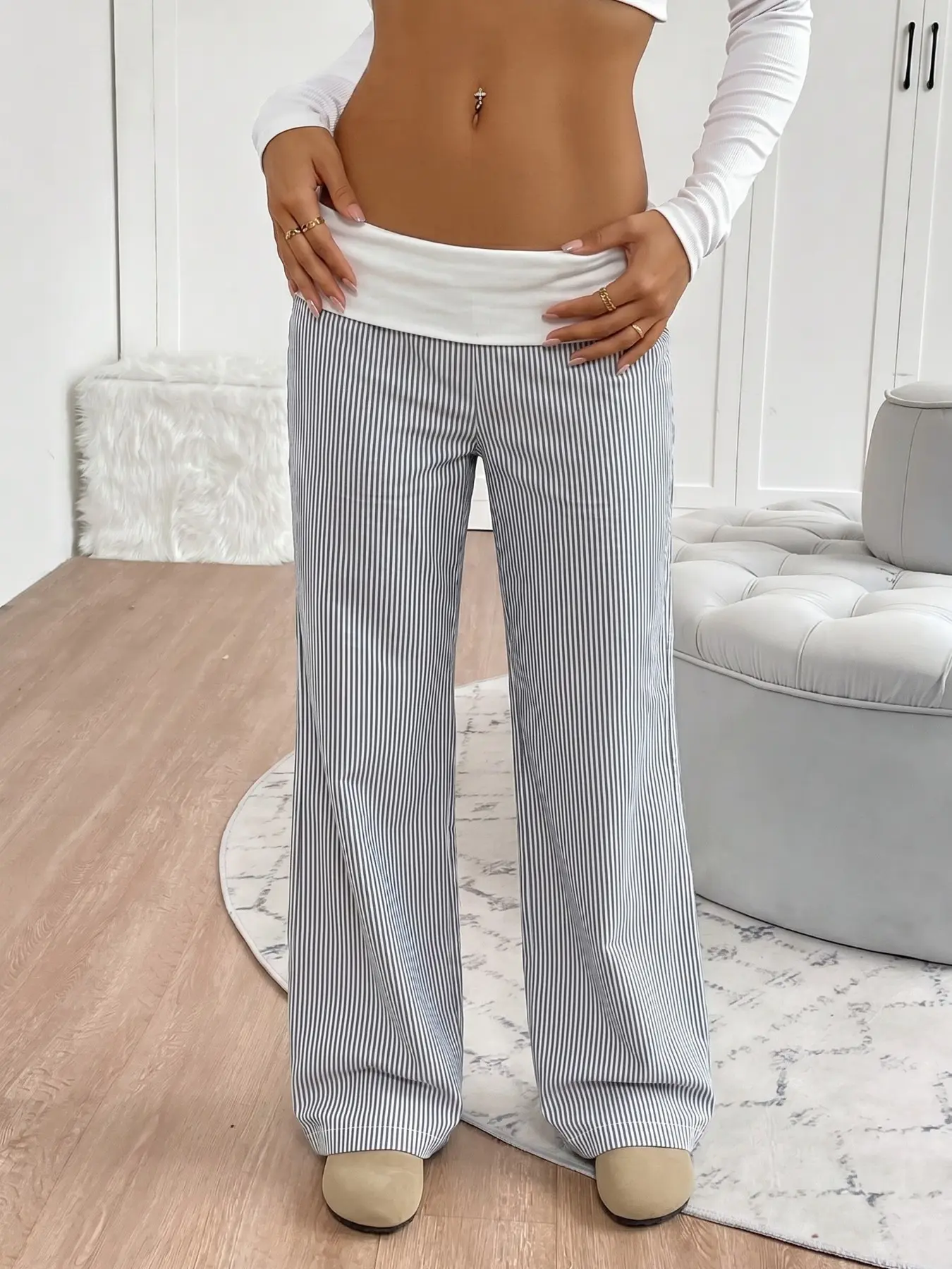 Striped Fold Over Waist Wide Leg Pants - Casual Flowy Relaxed Fit Trousers, Casual Fashion Trousers, Lightweight Breathable Pants, Versatile for Everyday Errands, Coffee Runs, Casual Hangouts