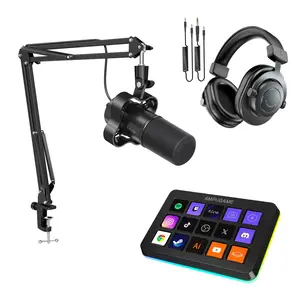 fifine Podcast Streaming Bundle Kit,  K688 Podcast Dynamic Microphone + H8 Monitoring Headphones + D6 Stream Controller