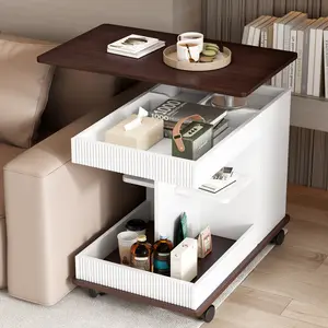 Adjustable End Table with Wheels Modern Multifunctional Sofa Side Table with Lift-Top 360° Rotating Top and Storage Space for Living Room Small Space RR summervibes