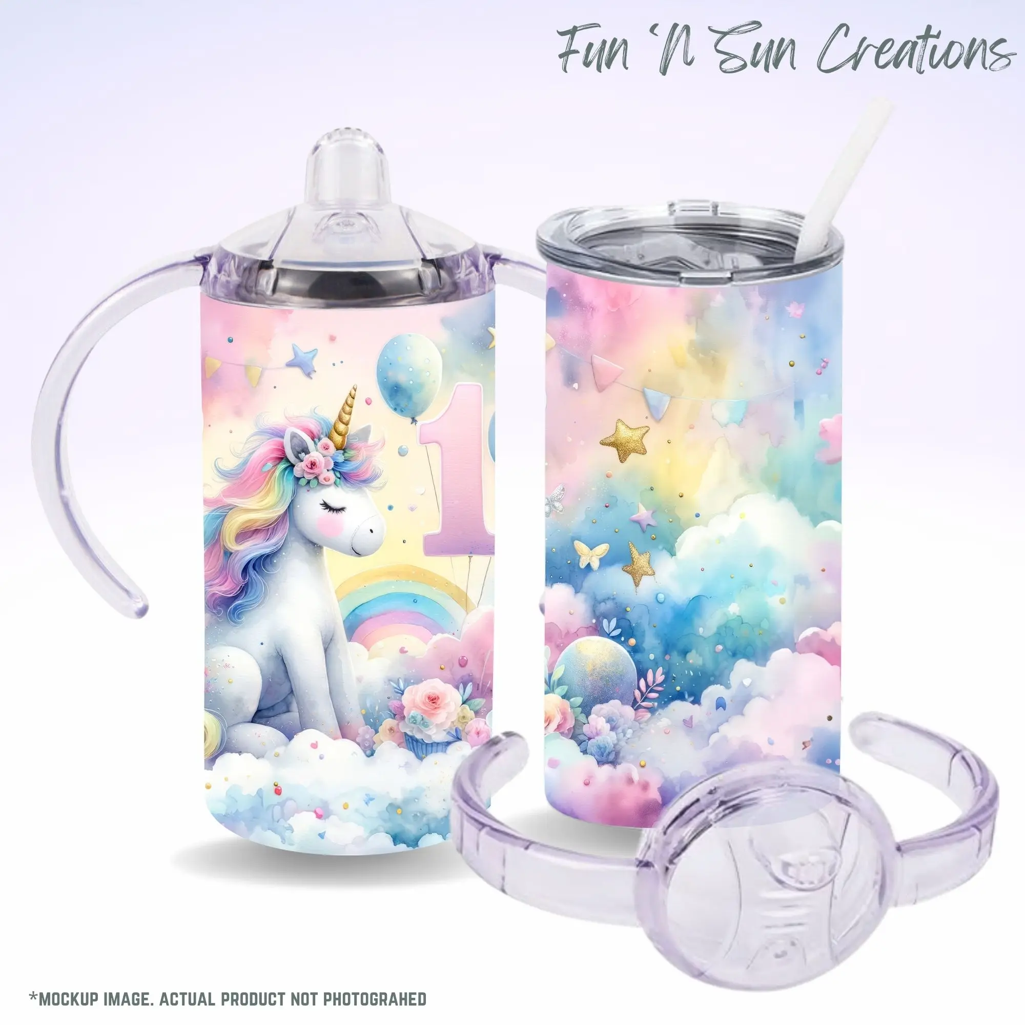 Unicorn 1st Birthday Tumbler – 12oz Toddler Cup with Sippy Lid & Straw Lid – Magical Faux Glitter Design – Two Lid Options for Kids Drinkware