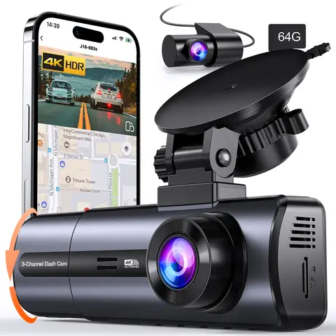 Vimlinc 3 Channel 4K Dashcam Camera DVR with 5GHz WiFi & APP Control, 4K/2.5K+1080P+1080P Front-Inside-Rear Lenses, 64GB Micro SD Card, G-Sensor, 24H Parking Mode, Loop Recording, Night Vision, Car Accessories, Auto Accessories Interior, Father’s Day Gift