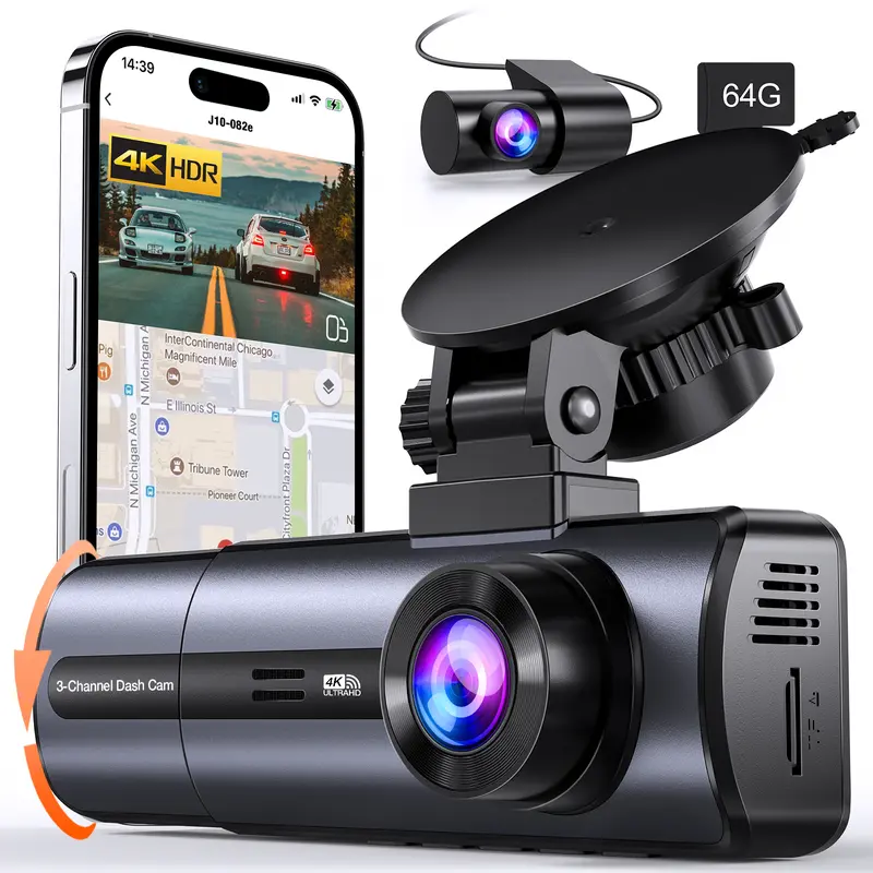 Vimlinc 3 Channel 4K Dashcam Camera DVR with 5GHz WiFi & APP Control, 4K/2.5K+1080P+1080P Front-Inside-Rear Lenses, 64GB Micro SD Card, G-Sensor, 24H Parking Mode, Loop Recording, Night Vision, Car Accessories, Auto Accessories Interior, Father’s Day Gift