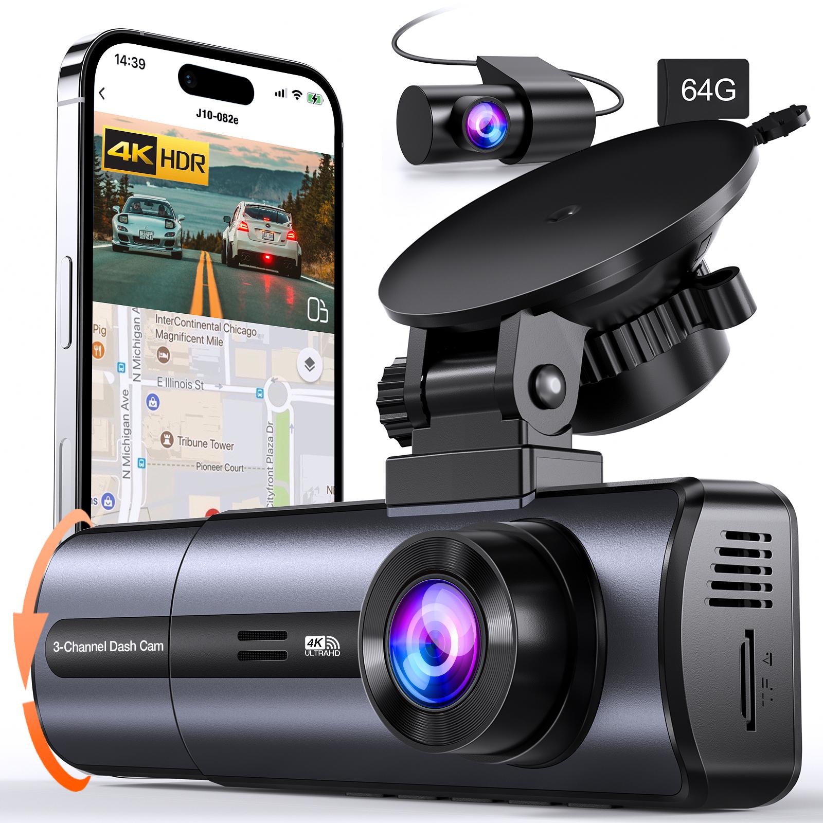 3 Channel 4K Dash Cam with 5GHz WiFi & APP Control, 4K/2.5K1080P1080P Front Inside and Rear, Triple Dashcam with 64GB Ca