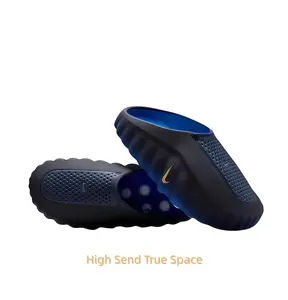 Black-Blue Gradient Mule Slides, Gold Accent, Silver-Grey Cushioning Massage Outsole, Perforated Upper, Futuristic Tech Slides